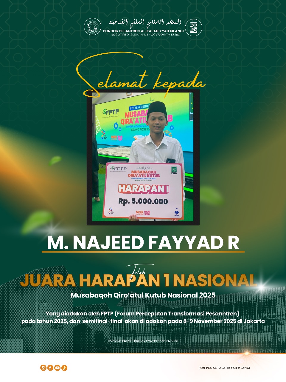 M. Najeed Fayyad Raih Juara Harapan 1 Nasional Musabaqoh Qira’atil Kutub 2025